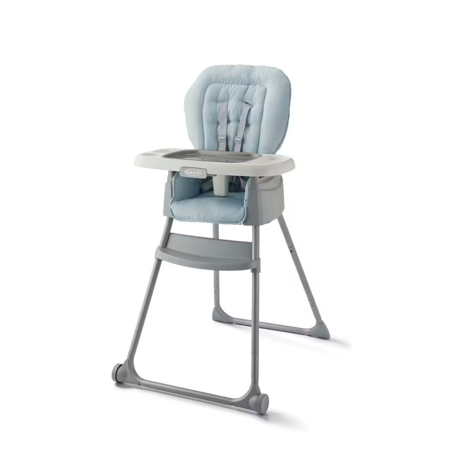 silla alta gris de GRACO, vista frontal en un entorno familiar